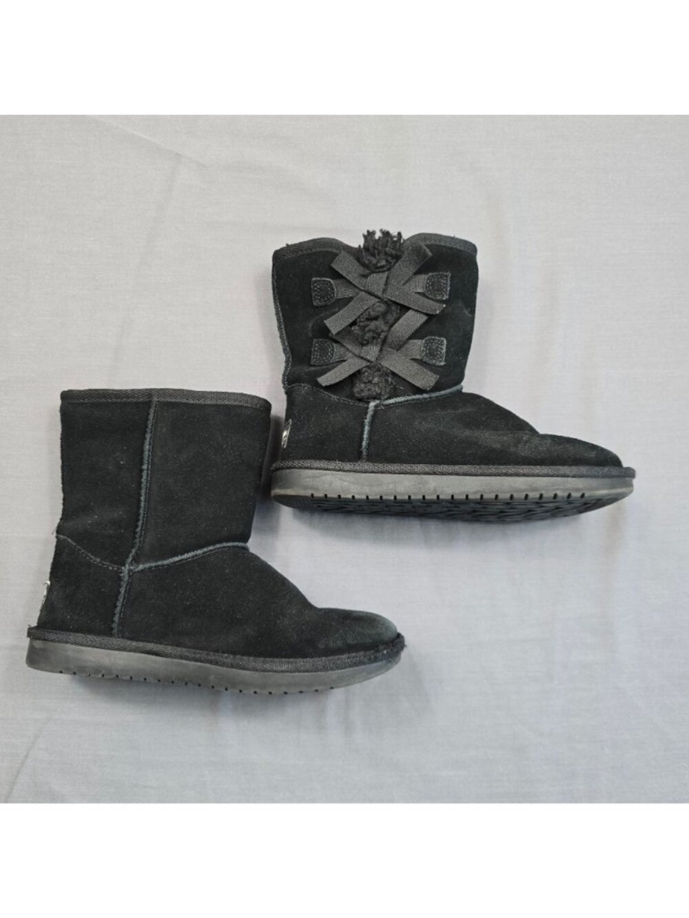 Koolaburra Ugg Girls Boots Size 1 Black Faux Fur Lined Suede Winter Bow Details - Picture 5 of 7